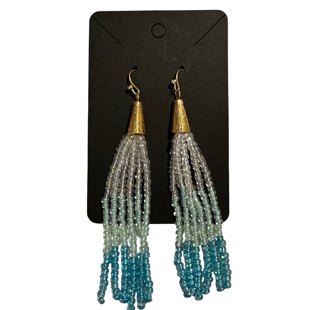 Blue Ombre Seed Bead Tassel Dangle Earrings Gold Tone Boho Long Fringe Drop